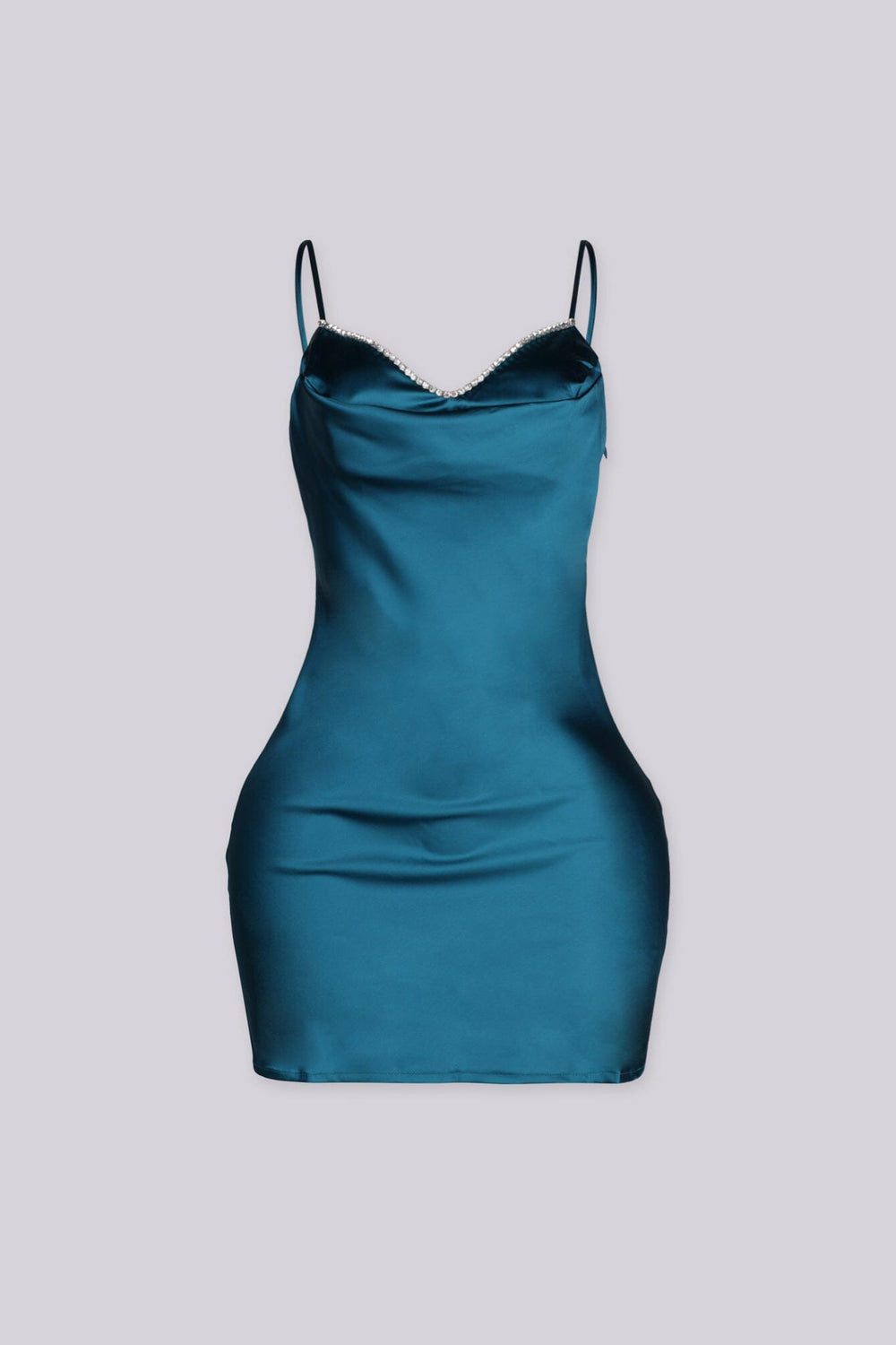 Mini dress with a cowl neckline featuring rhinestone trim and adjustable spaghetti straps