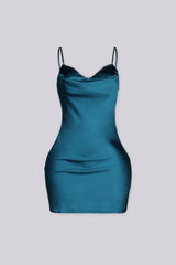 Mini dress with a cowl neckline featuring rhinestone trim and adjustable spaghetti straps
