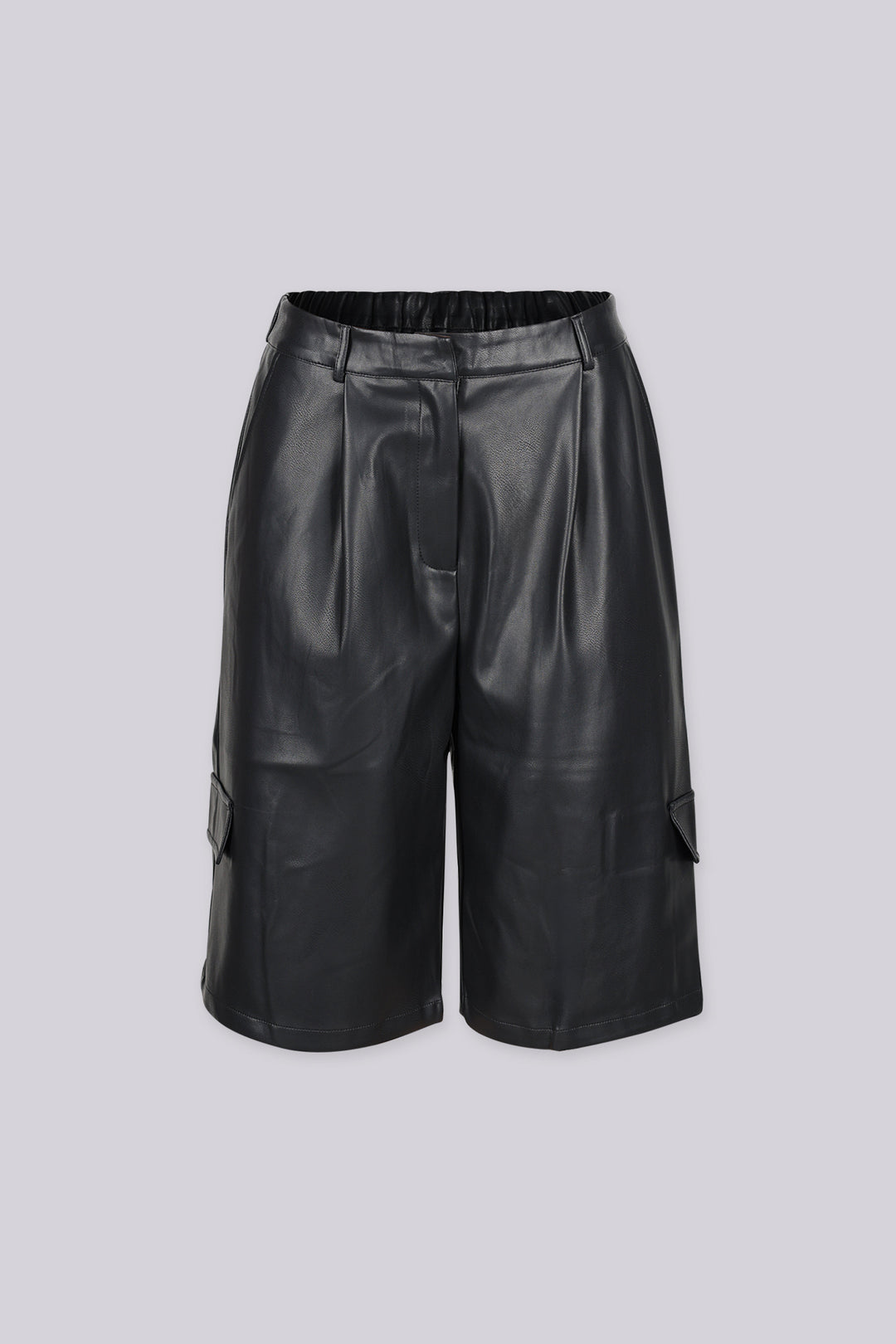 High rise wide leg faux leather bermuda shorts with elasticized waistband at back