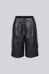 High rise wide leg faux leather bermuda shorts with elasticized waistband at back