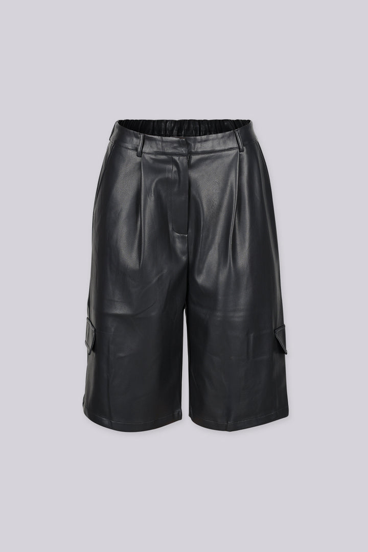 High rise wide leg faux leather bermuda shorts with elasticized waistband at back