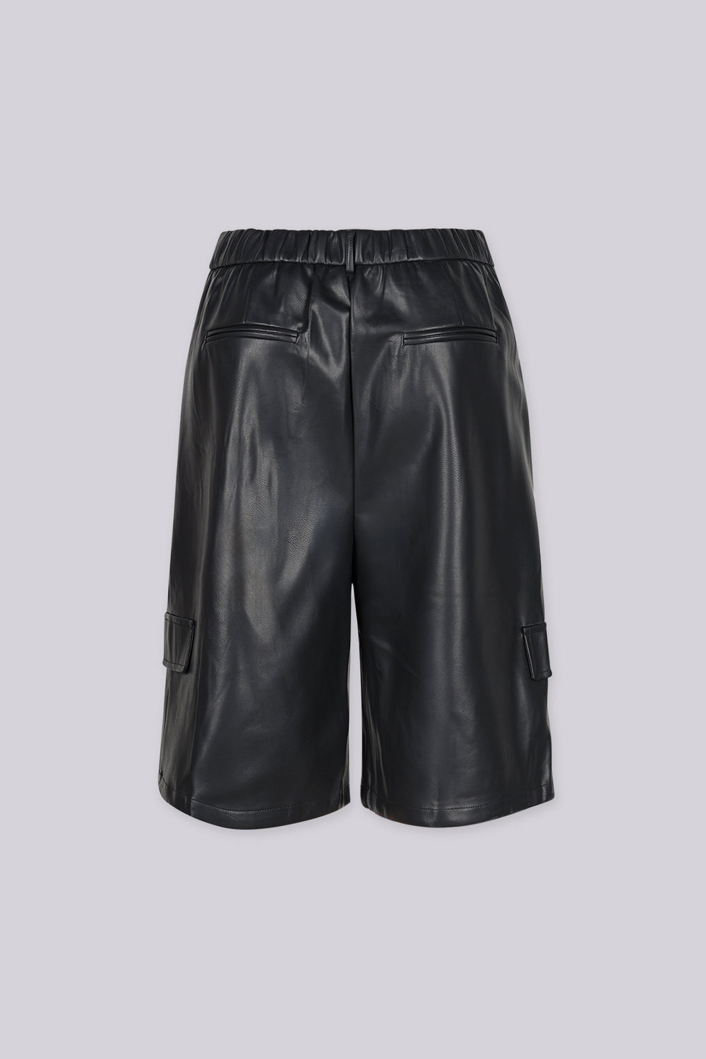 High rise wide leg faux leather bermuda shorts with elasticized waistband at back