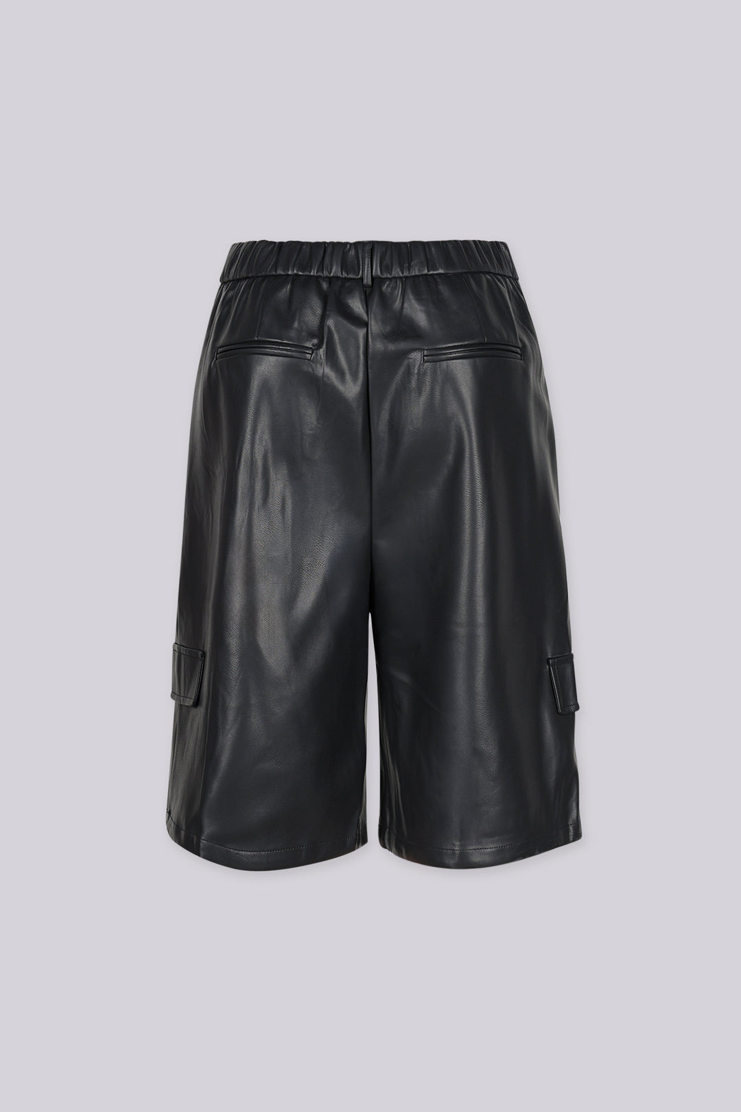 High rise wide leg faux leather bermuda shorts with elasticized waistband at back