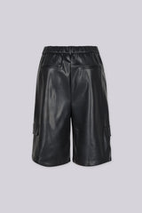 High rise wide leg faux leather bermuda shorts with elasticized waistband at back