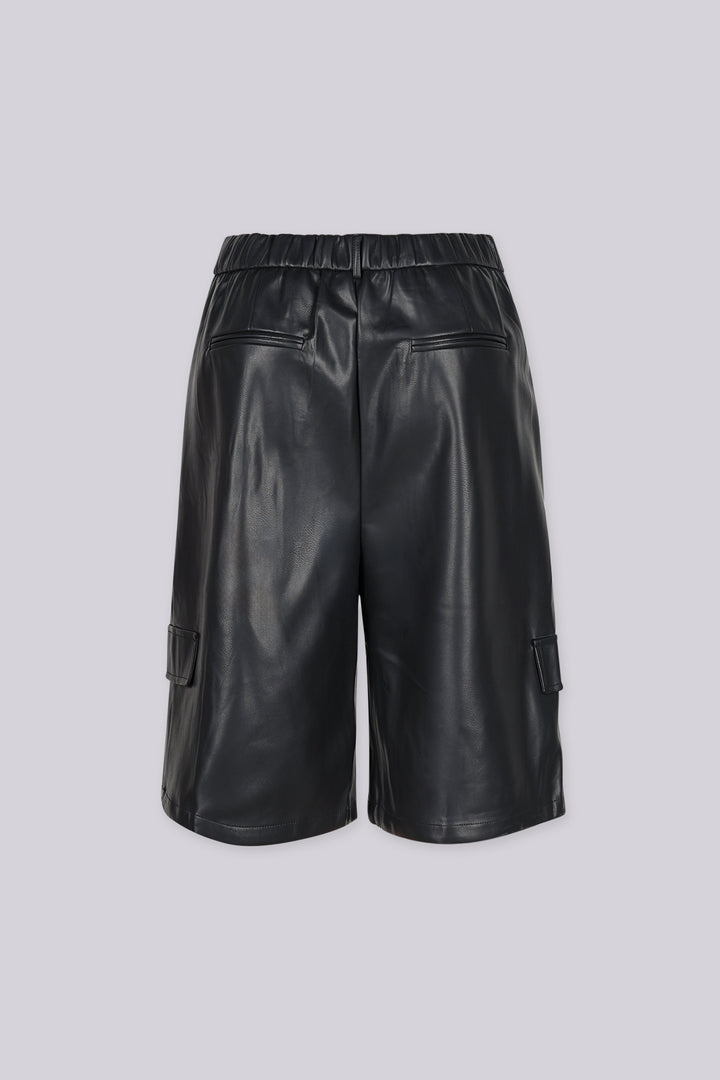 High rise wide leg faux leather bermuda shorts with elasticized waistband at back
