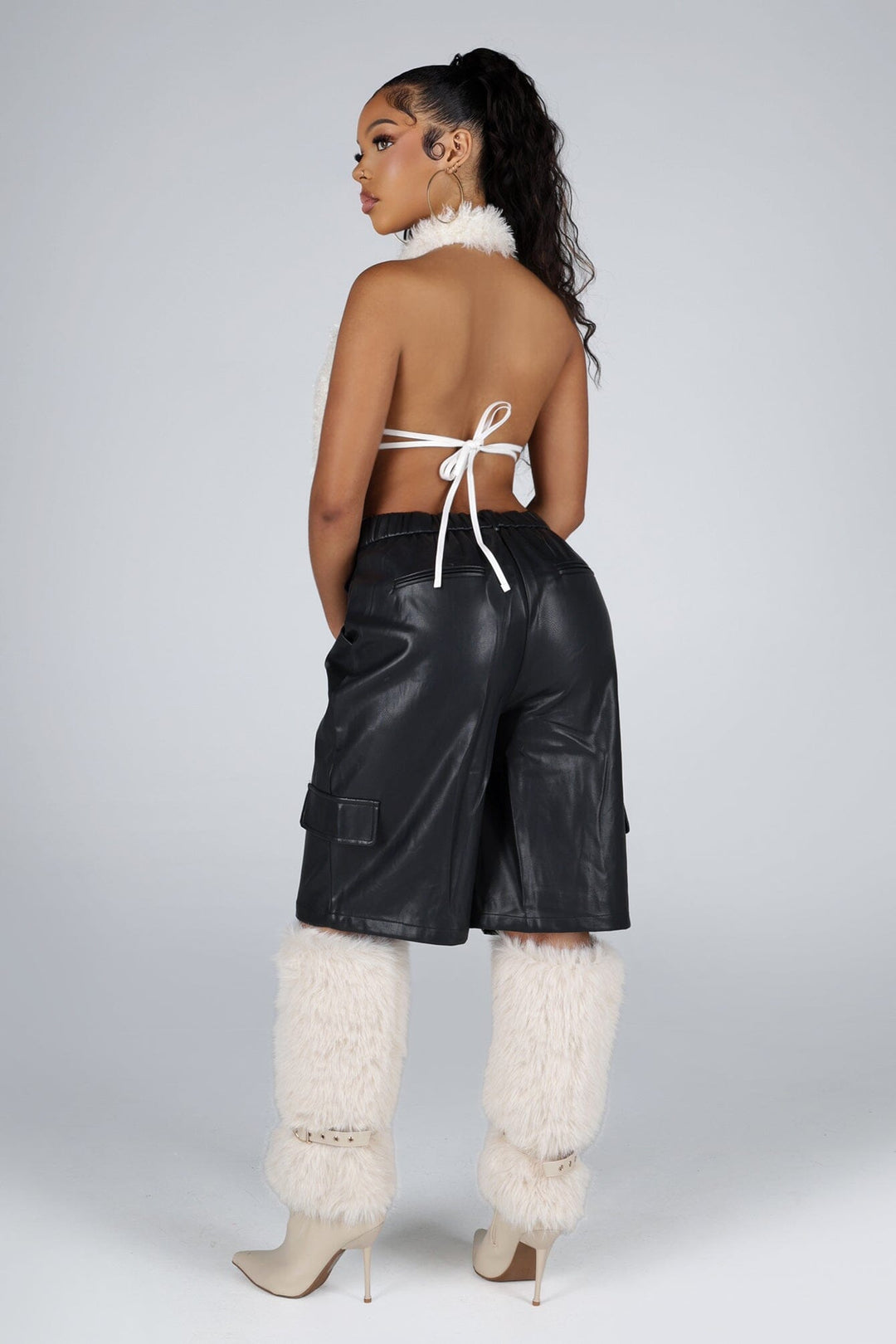 High rise wide leg faux leather bermuda shorts with elasticized waistband at back