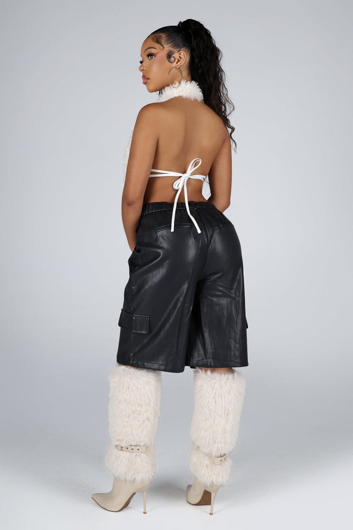 High rise wide leg faux leather bermuda shorts with elasticized waistband at back