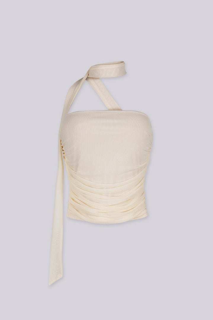 Ruched strapless tube top with a long wrap scarf tie detail, Fully lined