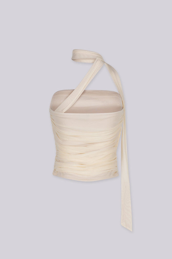 Ruched strapless tube top with a long wrap scarf tie detail, Fully lined