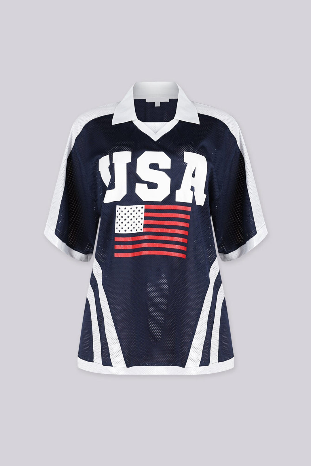 Oversized mesh jersey featuring v neck paired with a classic white fold-over polo collar
