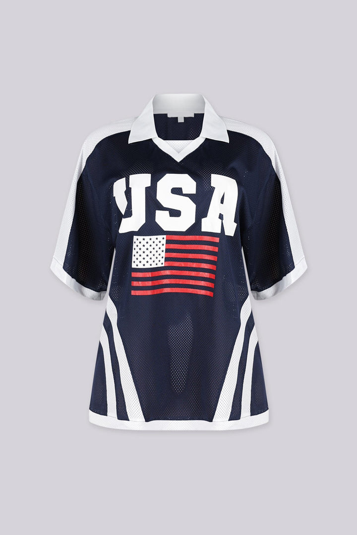 Oversized mesh jersey featuring v neck paired with a classic white fold-over polo collar