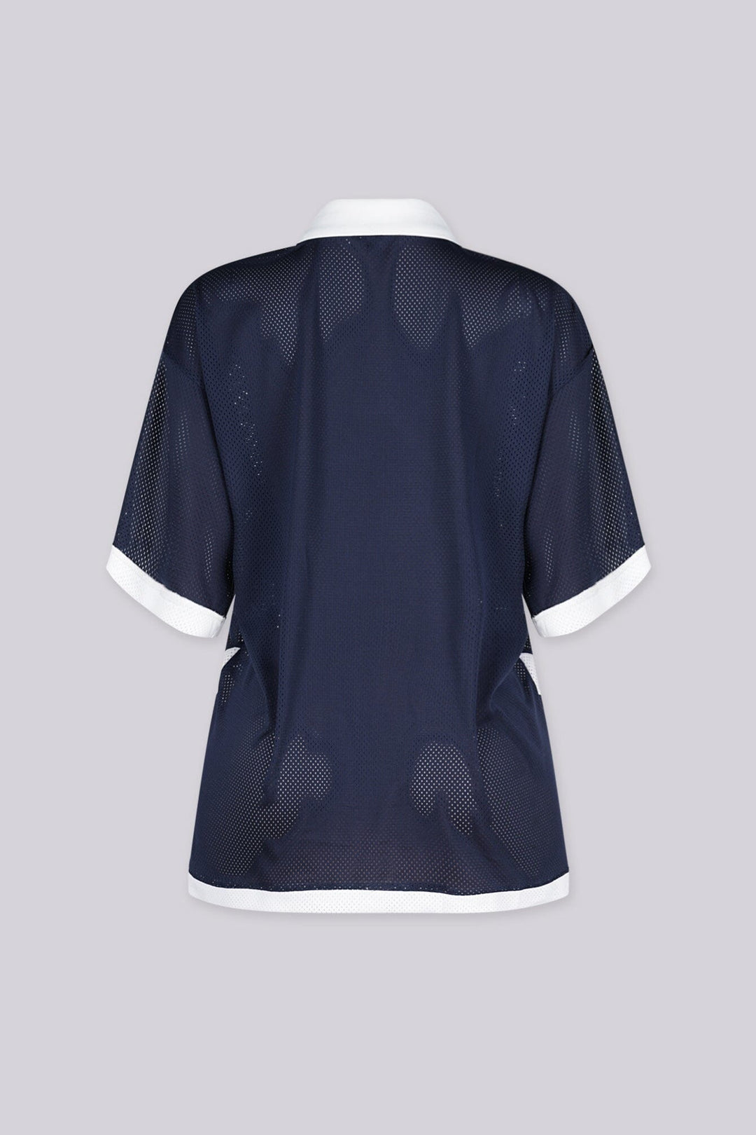 Oversized mesh jersey featuring v neck paired with a classic white fold-over polo collar
