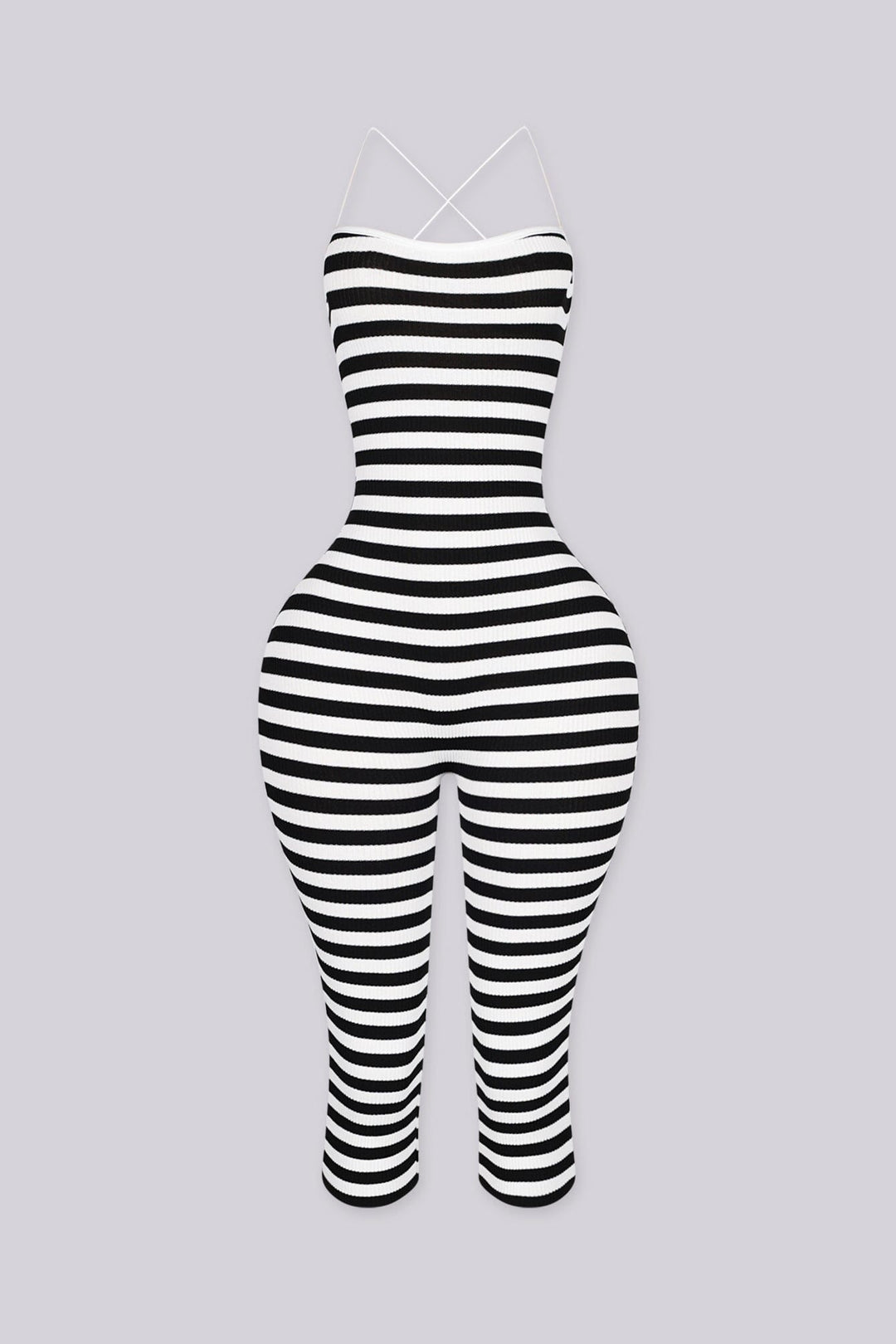  Stripe print ribbed knit capri jumpsuit with fitted silhouette, black front view