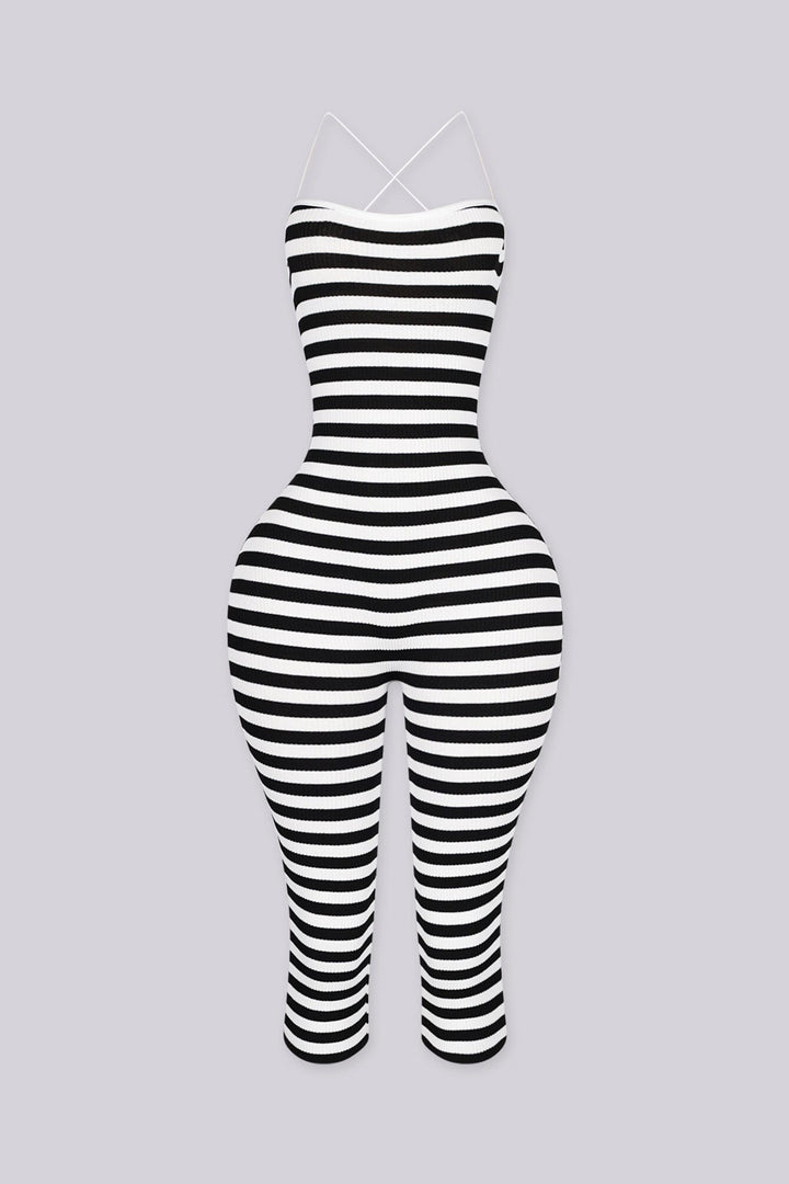  Stripe print ribbed knit capri jumpsuit with fitted silhouette, black front view