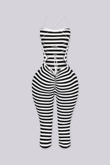 EDGEBYKS - Stripe print ribbed knit capri jumpsuit with fitted silhouette, black back view