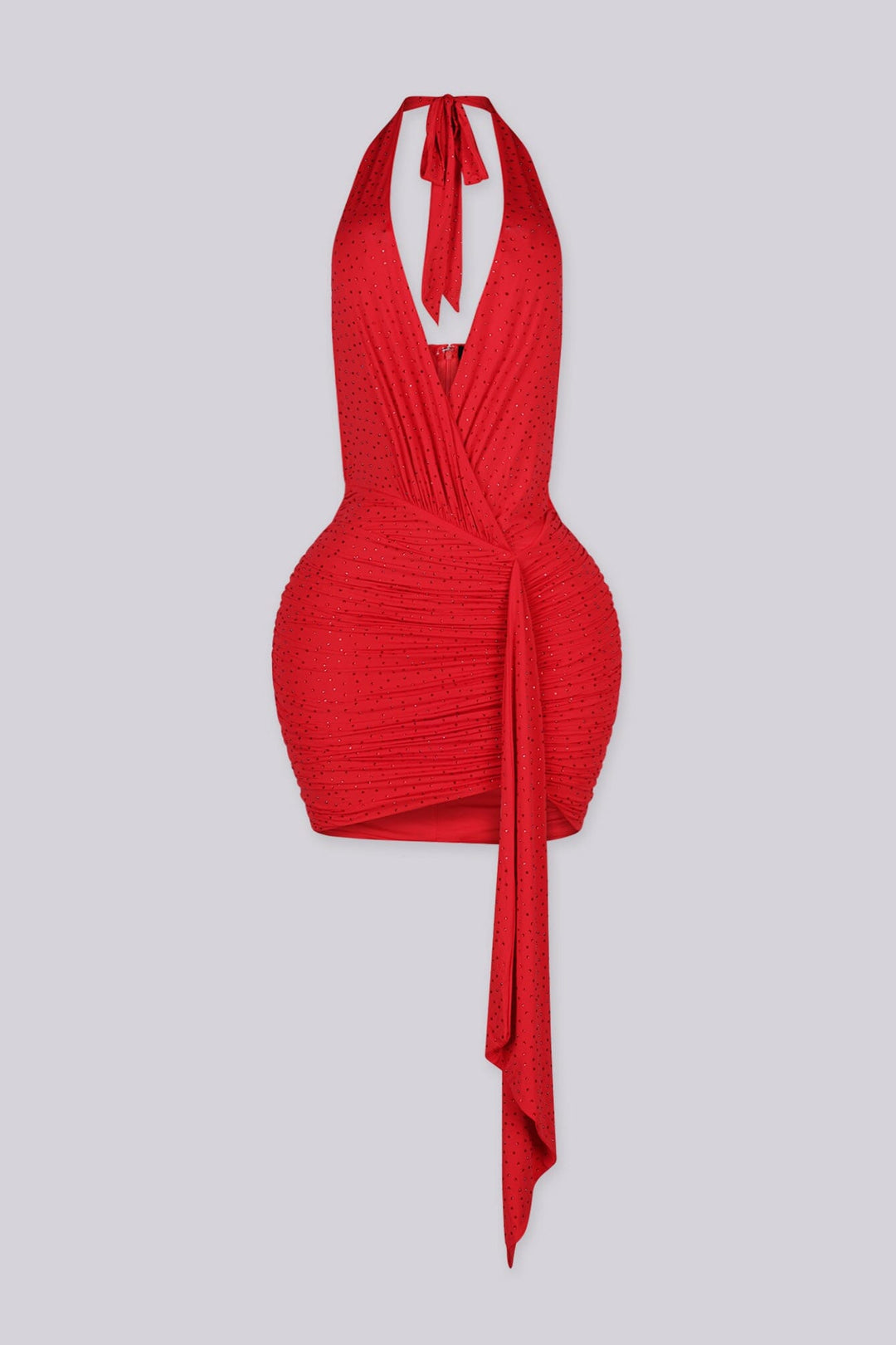 Sleeveless fitted halter mini dress with deep plunging wrap style bodice