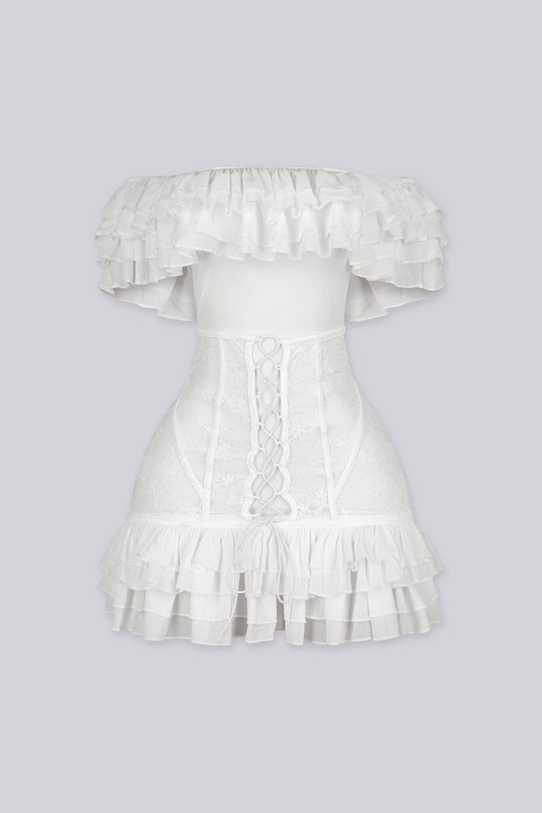 Floral lace corset mini dress with voluminous organza ruffle detailing