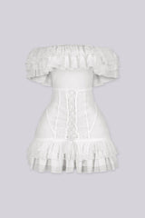 Floral lace corset mini dress with voluminous organza ruffle detailing