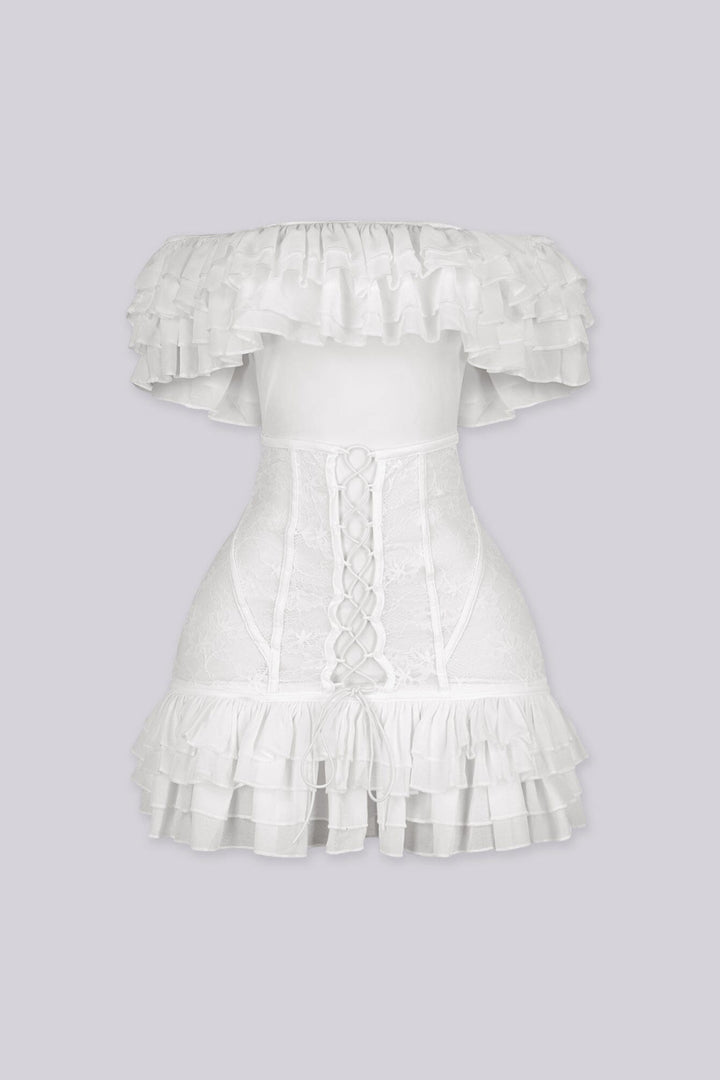 Floral lace corset mini dress with voluminous organza ruffle detailing