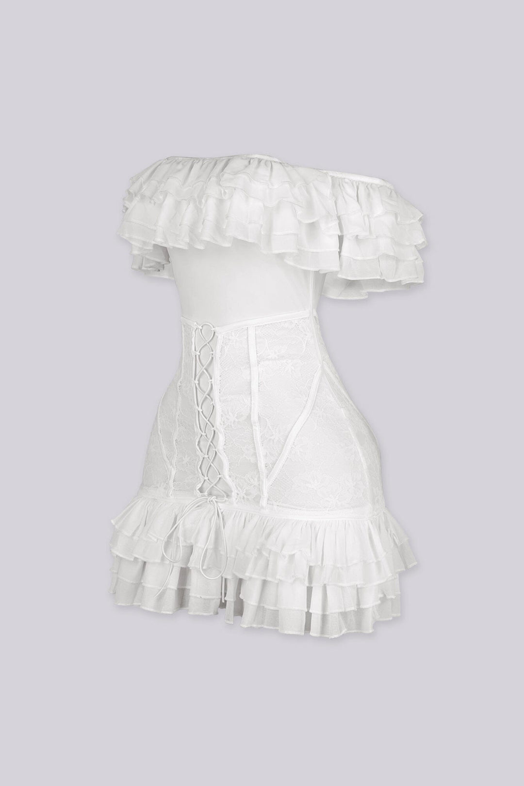 Floral lace corset mini dress with voluminous organza ruffle detailing