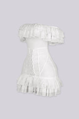 Floral lace corset mini dress with voluminous organza ruffle detailing