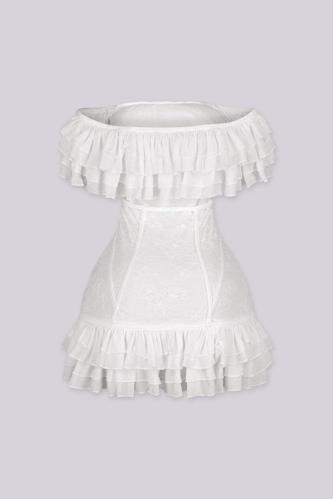 Floral lace corset mini dress with voluminous organza ruffle detailing