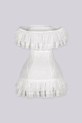 Floral lace corset mini dress with voluminous organza ruffle detailing