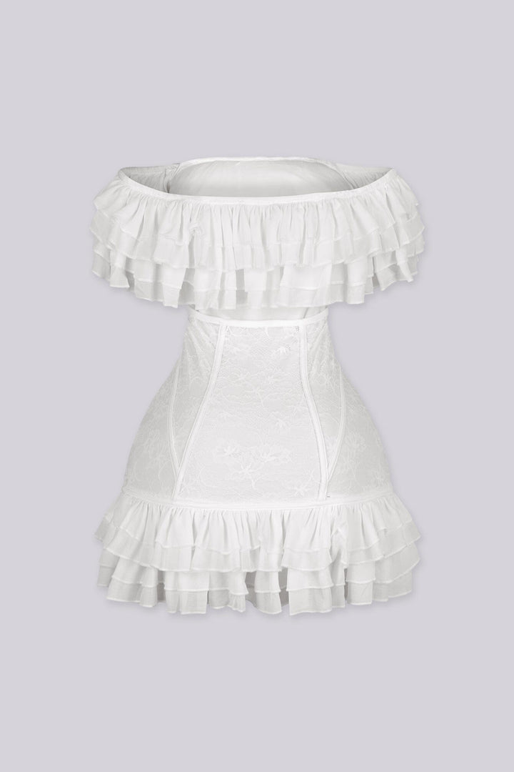 Floral lace corset mini dress with voluminous organza ruffle detailing
