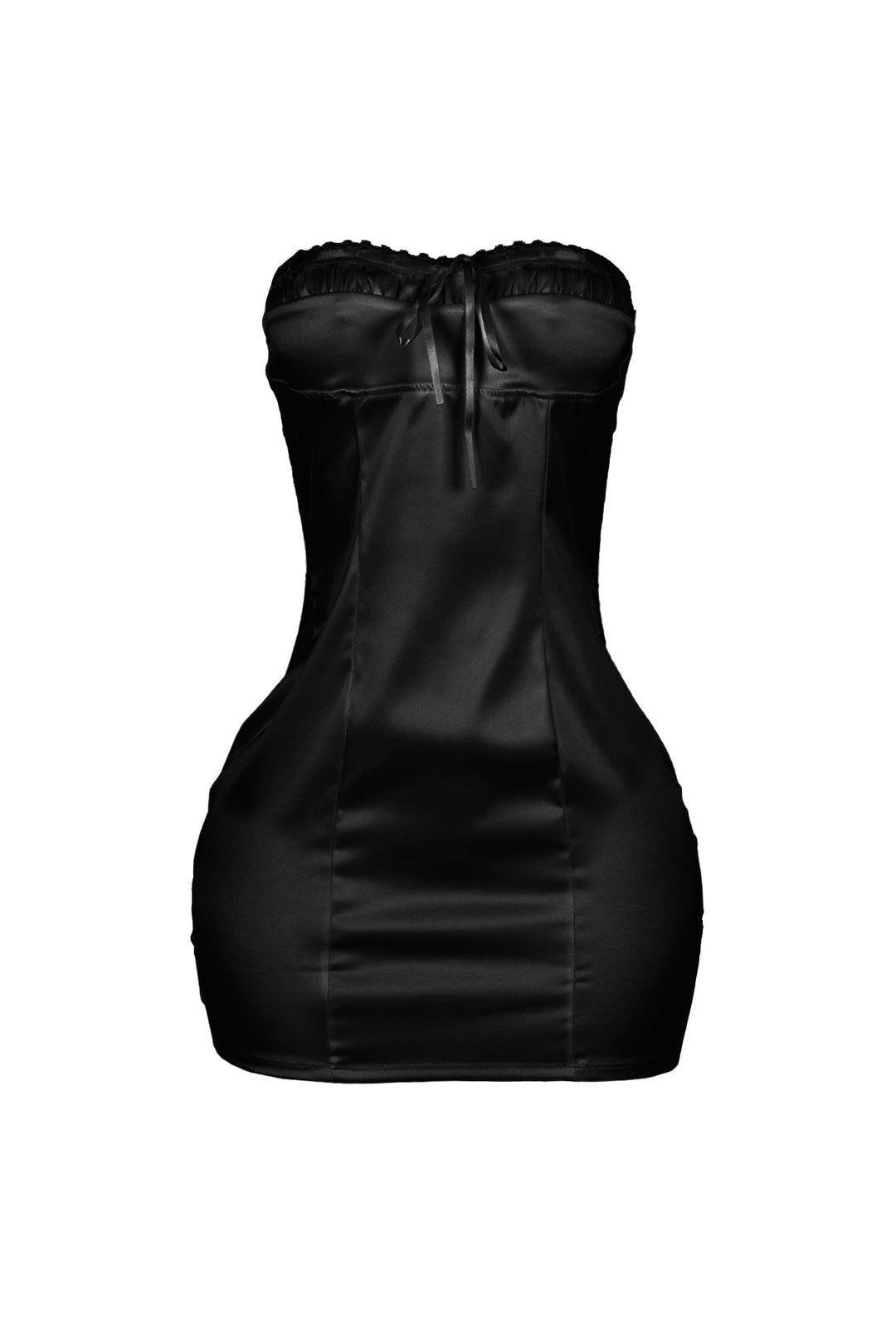 Satin tube mini dress with vertical seam construction featuring ruffled lace edging trimmed neckline