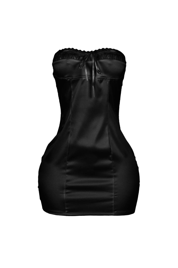 Satin tube mini dress with vertical seam construction featuring ruffled lace edging trimmed neckline