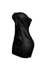 Satin tube mini dress with vertical seam construction featuring ruffled lace edging trimmed neckline