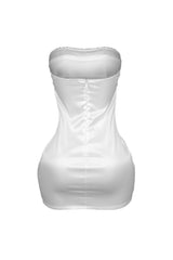 Satin tube mini dress with vertical seam construction featuring ruffled lace edging trimmed neckline
