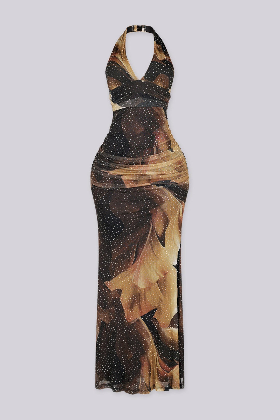 Mesh halter maxi dress with a plunging draped neckline featuring allover rhinestone embellishments