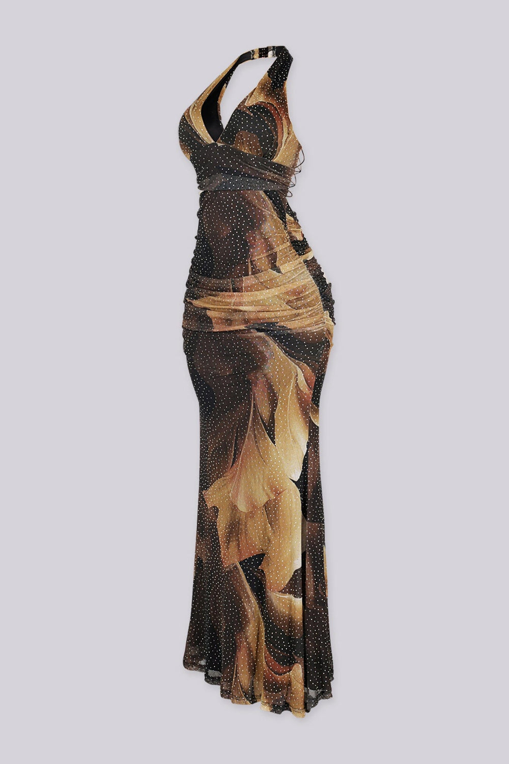Mesh halter maxi dress with a plunging draped neckline featuring allover rhinestone embellishments