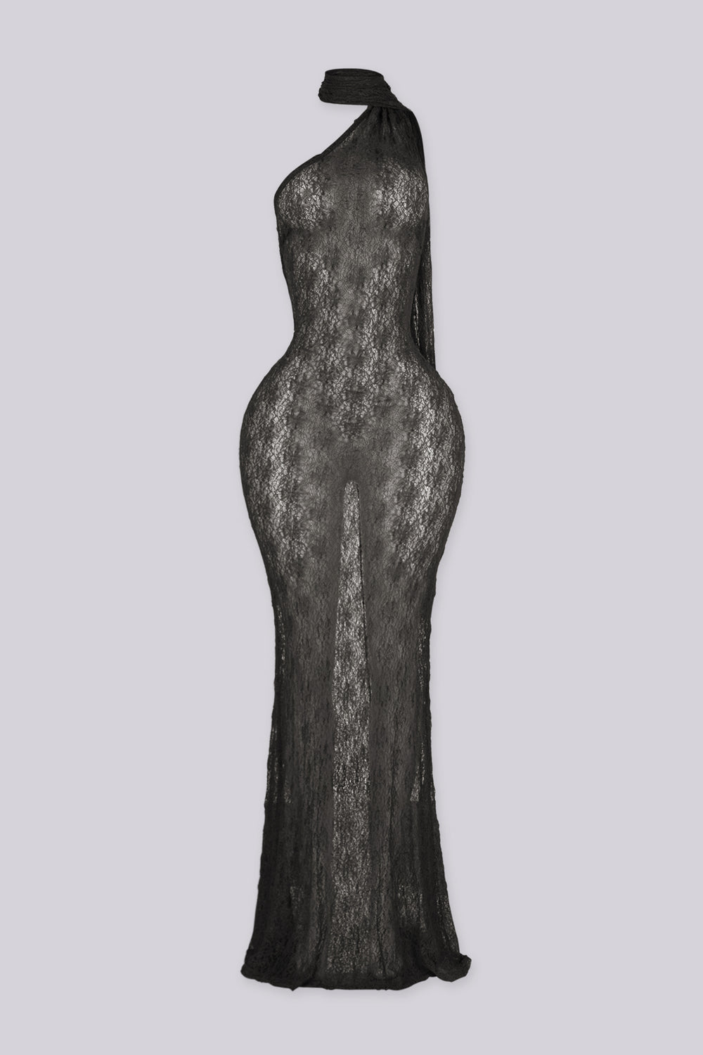 Sheer floral lace one shoulder maxi dress with an attached draped scarf