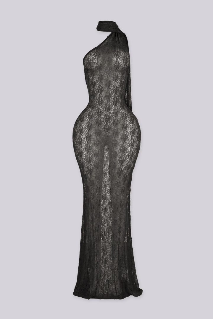 Sheer floral lace one shoulder maxi dress with an attached draped scarf