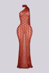 Sheer floral lace one shoulder maxi dress with an attached draped scarf