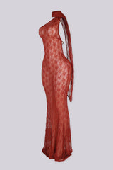 Sheer floral lace one shoulder maxi dress with an attached draped scarf