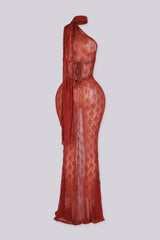 Sheer floral lace one shoulder maxi dress with an attached draped scarf