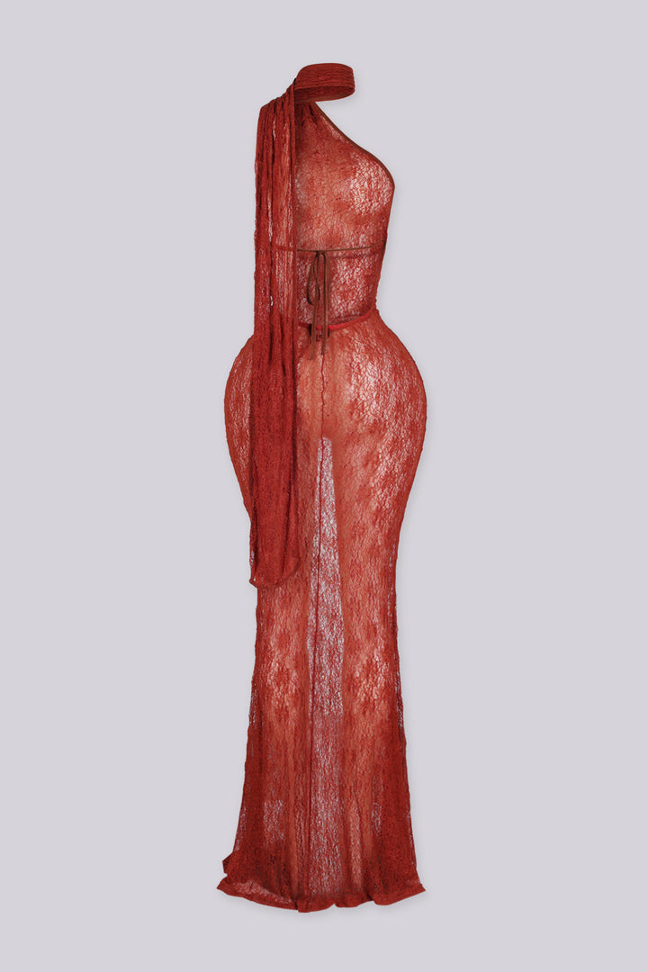 Sheer floral lace one shoulder maxi dress with an attached draped scarf