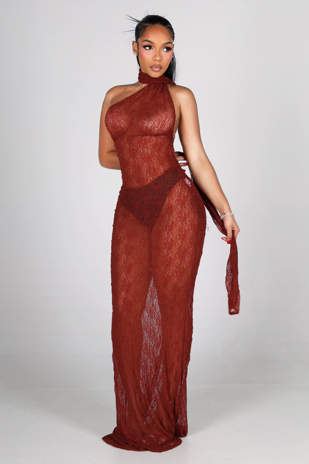 Sheer floral lace one shoulder maxi dress with an attached draped scarf