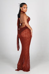 Sheer floral lace one shoulder maxi dress with an attached draped scarf