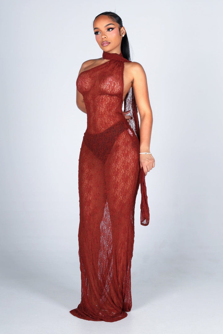 Sheer floral lace one shoulder maxi dress with an attached draped scarf