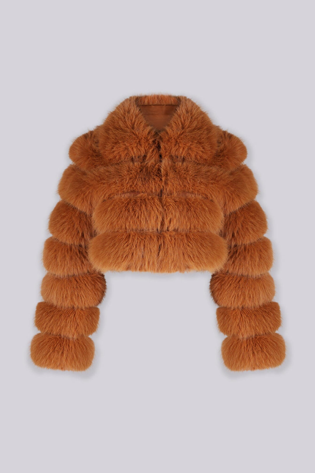 Cropped faux fur jacket with oversized collar and horizontal panel detail throughout