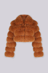 Cropped faux fur jacket with oversized collar and horizontal panel detail throughout