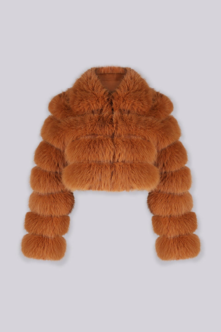 Cropped faux fur jacket with oversized collar and horizontal panel detail throughout