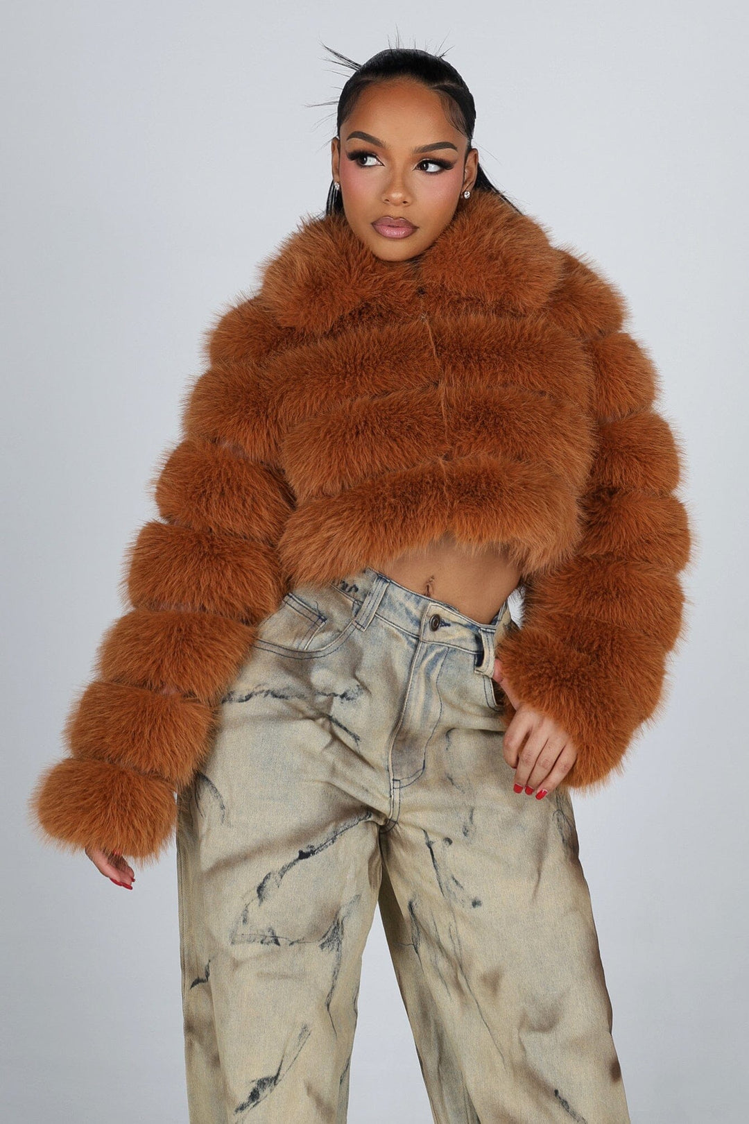 Cropped faux fur jacket with oversized collar and horizontal panel detail throughout