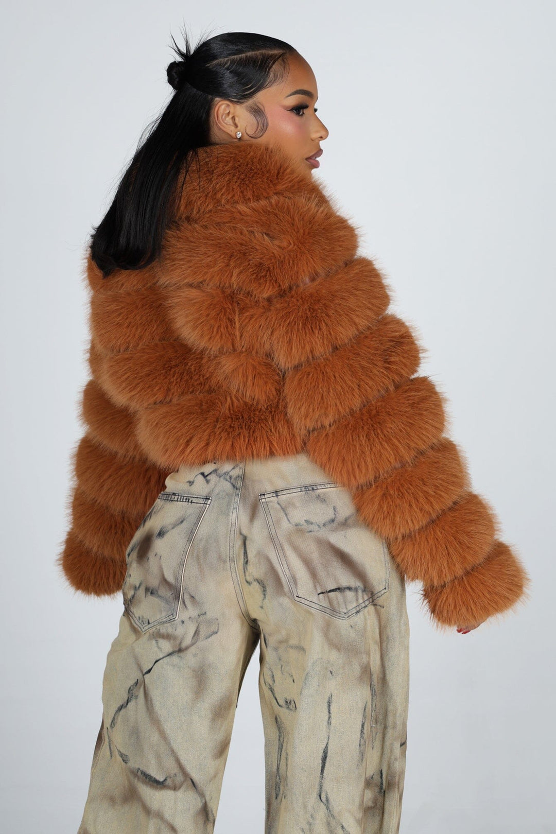 Cropped faux fur jacket with oversized collar and horizontal panel detail throughout