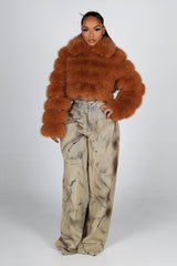 Cropped faux fur jacket with oversized collar and horizontal panel detail throughout