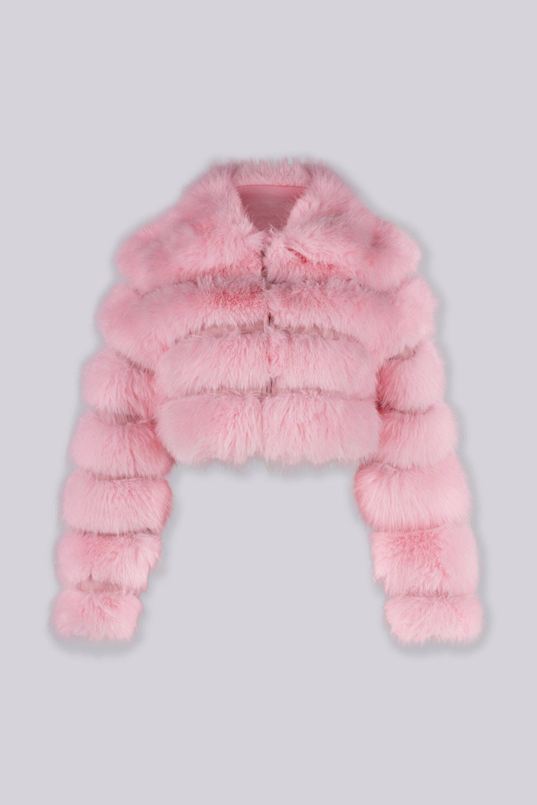 Cropped faux fur jacket with oversized collar and horizontal panel detail throughout